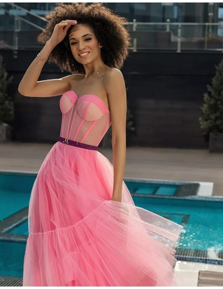 Gum pink midi dress made in tulle with heart neckline Oksana Mukha - 3