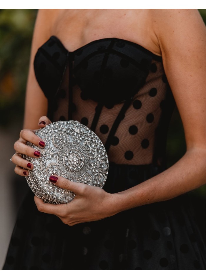 Jewel handbag with small metal and Swarovski circular flowers - INVITADA PERFECTA -3