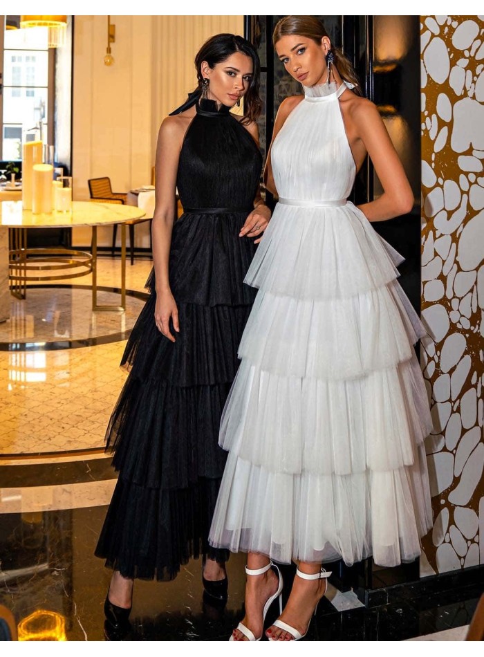 Halter neck midi party dress and skirt with tulle layers in black and white