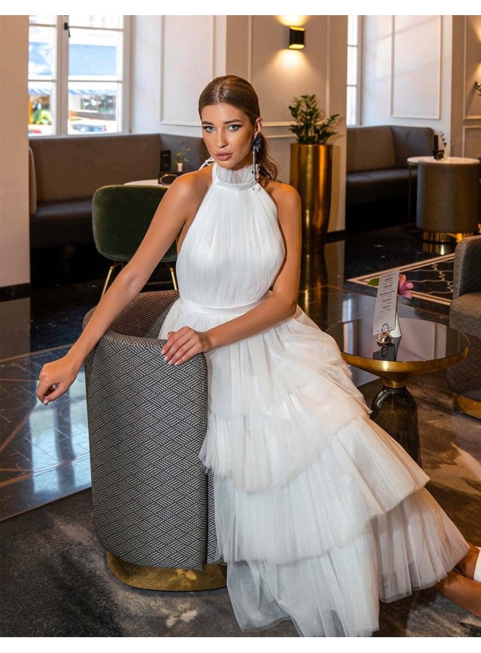 Halter neck midi party dress and skirt with tulle layers at INVITADISIMA