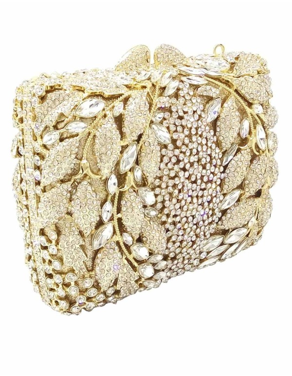 Gemstone and crystal clutch bag with leaf design