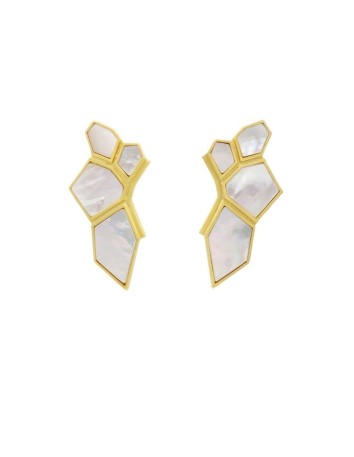 Geometric gold earrings with flat stones in white -... 2