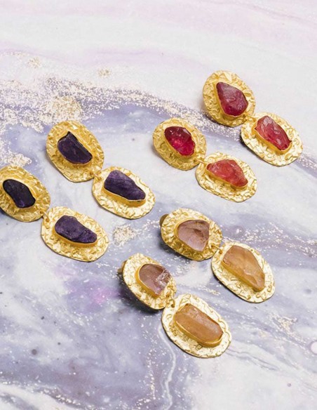 Gold plated party earrings with purple coloured stone for woman