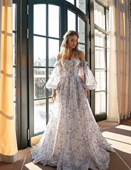 Vestido largo estampado silvestre con escote corazón y mangas abullonadas EMABRIDE - 1 