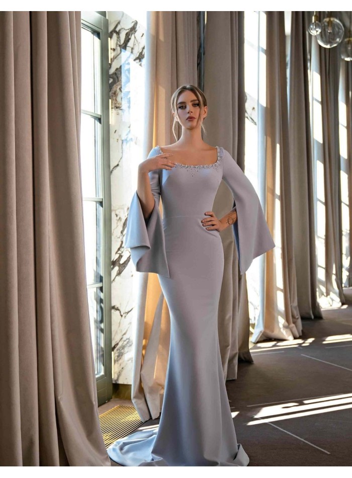 Mauve long party dress with mermaid cut and open cape sleeves EMABRIDE - 3