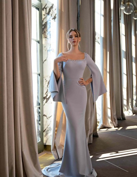 Mauve long party dress with mermaid cut and open cape sleeves EMABRIDE - 3