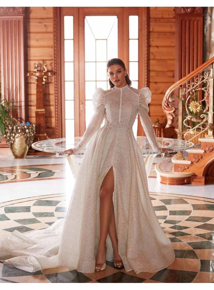 Puffed sleeve wedding dress with open back