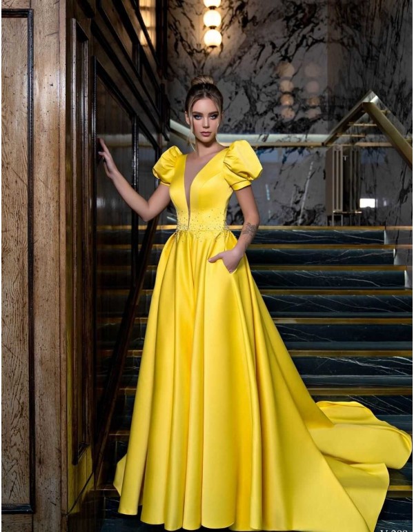 Vestido largo de fiesta con manga farol y escote pronunciado EMABRIDE - 5