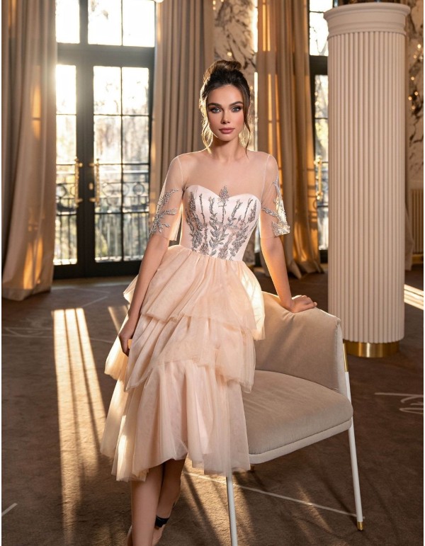 Vestido midi con capas de tul y cuerpo bordado EMABRIDE - 4