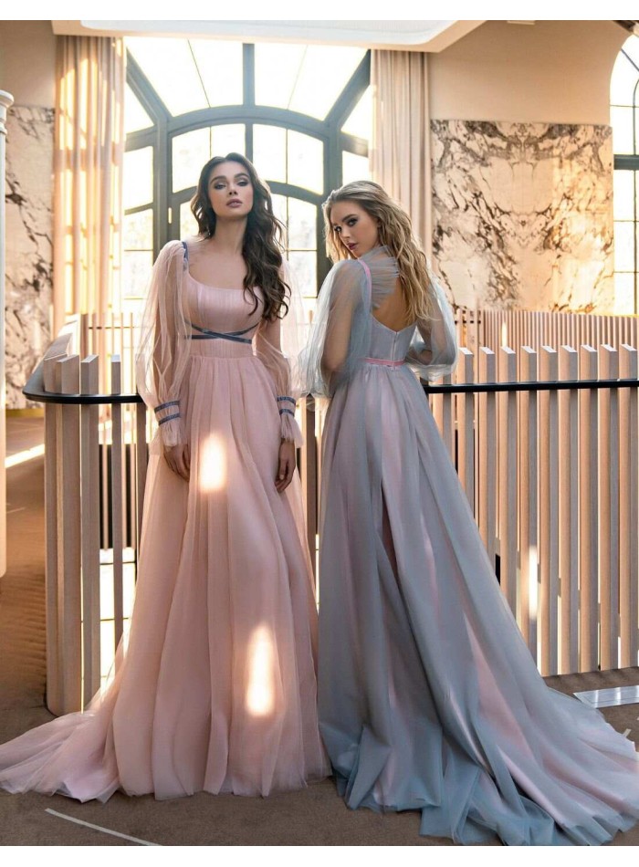 Vestido largo con manga de tul y detalle cintura