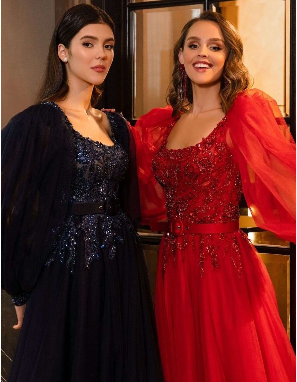 Vestido largo de fiesta con manga abullonada y cuerpo de pedrería Silviamo - 2