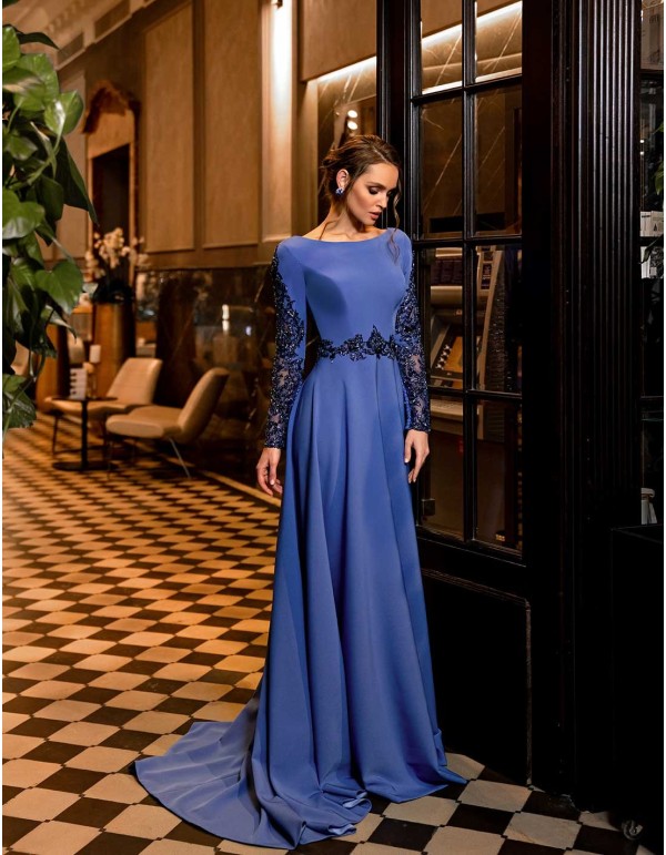 Long party dress with long sleeves and rhinestones in blue colour 2