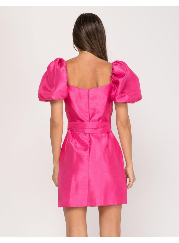 Vestido corto de fiesta con manga corta abullonada y detalle lazo en color rosa