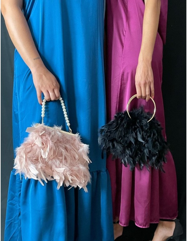 Bolso de fiesta con plumas y asa de perlas blancas -... 2