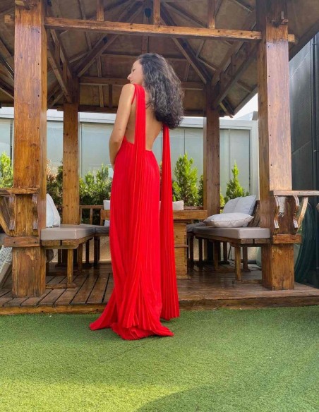 Vestido largo de fiesta plisado con manga capa