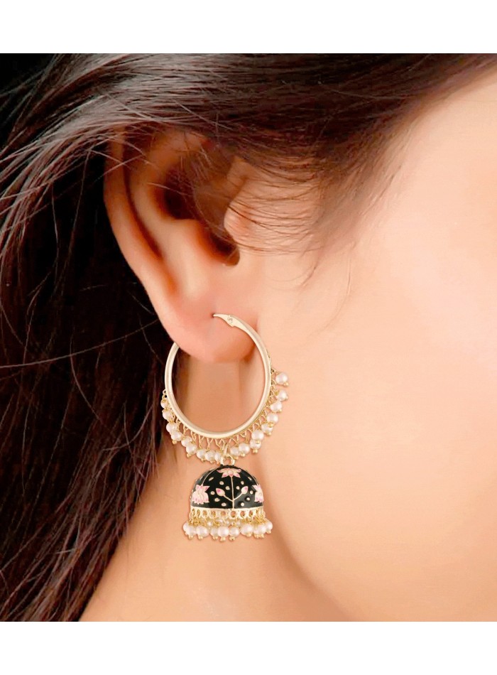 Aros de fiesta con perlas y Chandbali  negros 3