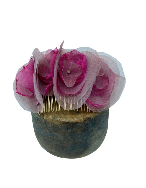Fuchsia and nude organza comb with flowers 2