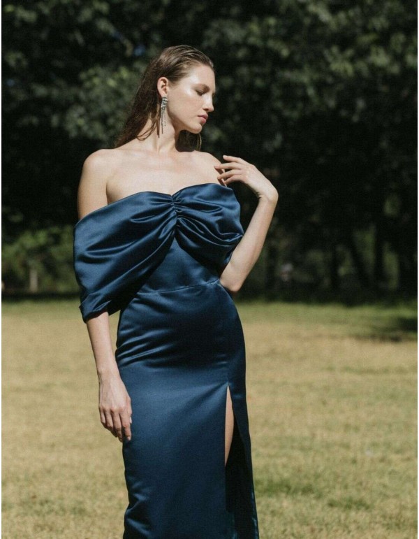 Long navy blue satin dress with bardot neckline