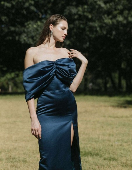 Long navy blue satin dress with bardot neckline