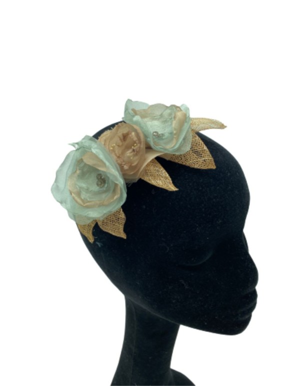 Green and beige floral comb headdress 2