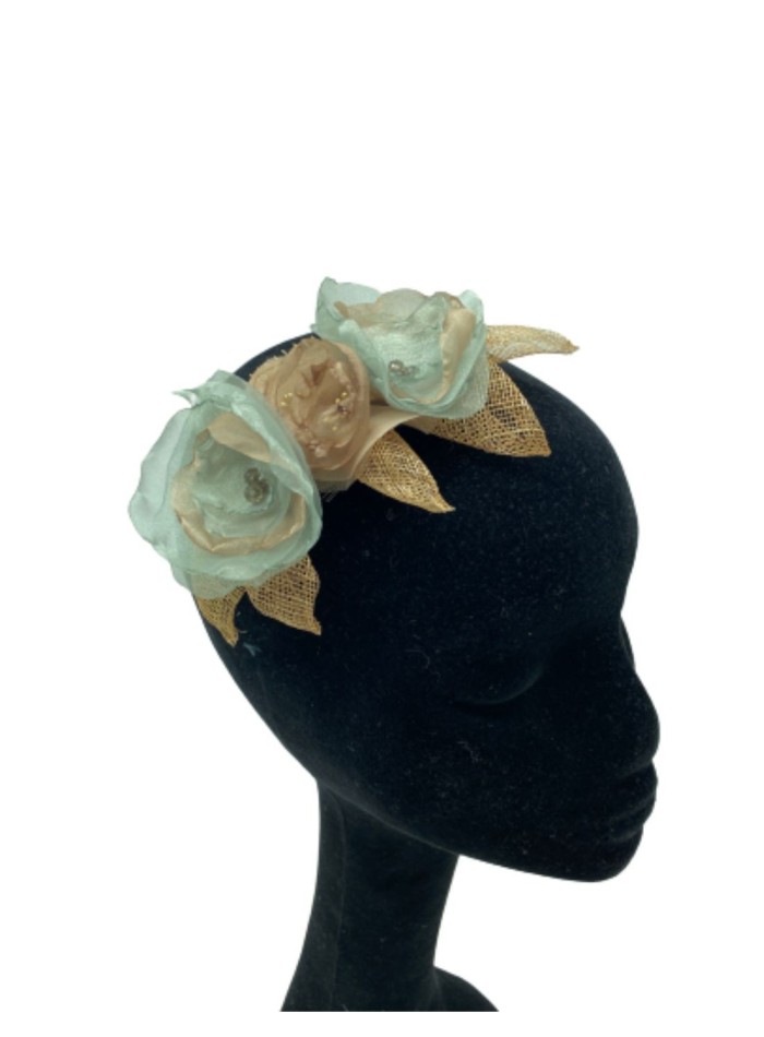 Green and beige floral comb headdress