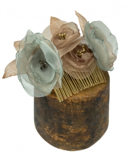 Green and beige floral comb headdress