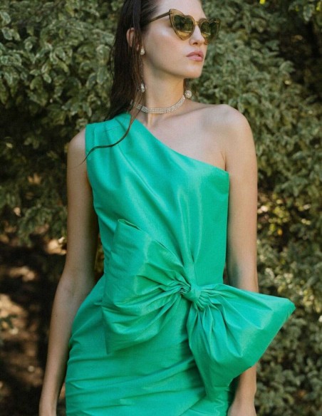 Short party dress with asymmetrical neckline and lacing