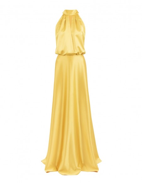 Vestido largo amarillo con escote halter y tirantes