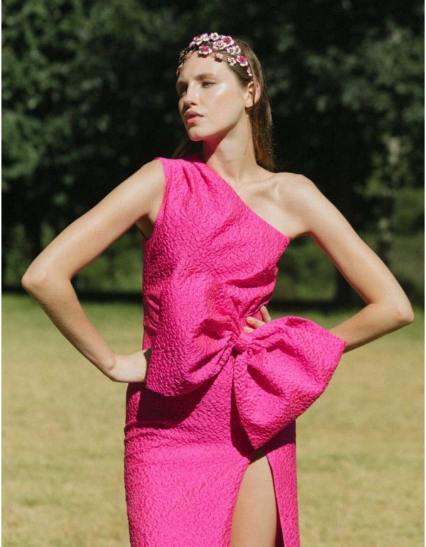 Vestido midi con lazada en la cintura y escote asimétrico 2