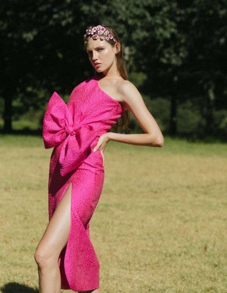 Midi dress with lacing at the waist and asymmetrical neckline