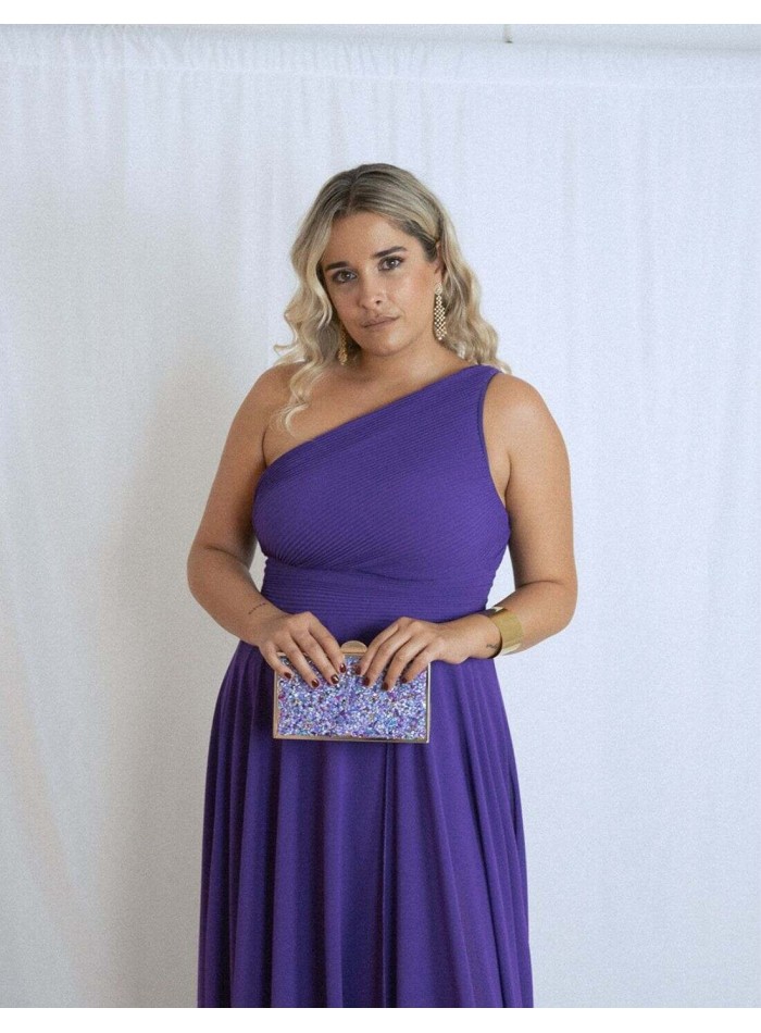 Long party dress with asymmetrical neckline and...