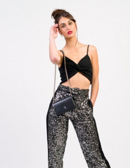 Mini metallic party bag with a long metal chain