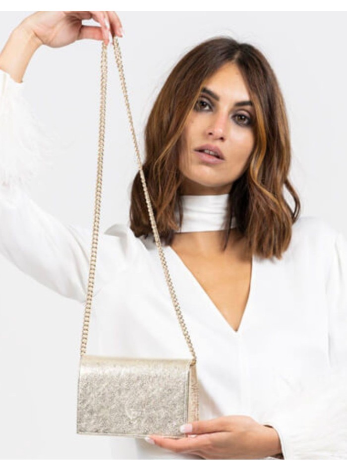 Mini metallic party bag with a long metal chain