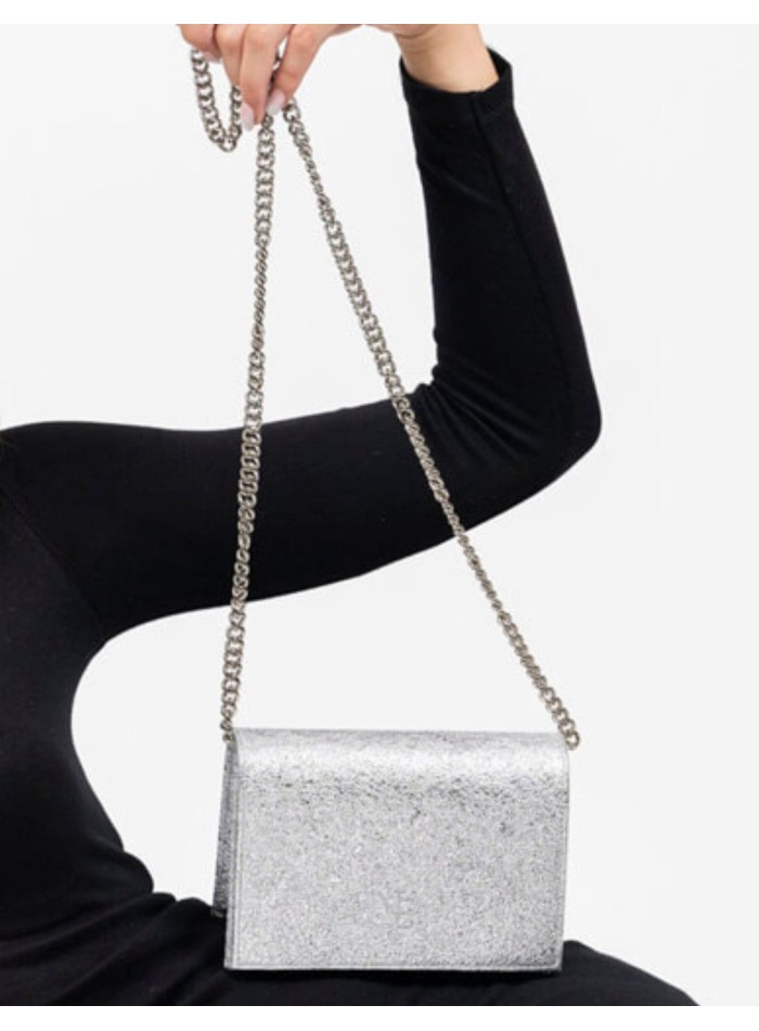 Mini metallic party bag with a long metal chain