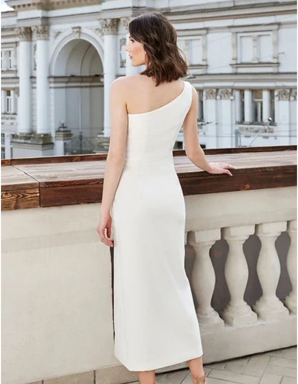 Off-white midi dress with an asymmetrical neckline and side slit 2