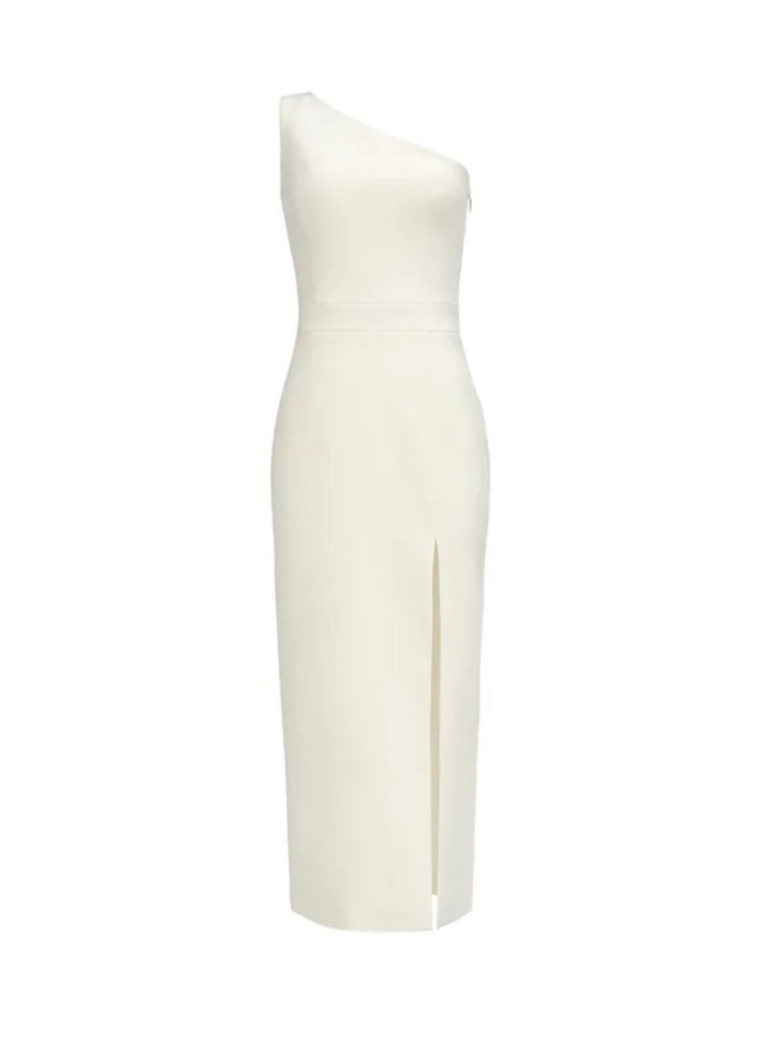 Off-white midi dress with an asymmetrical neckline and side slit for weddings