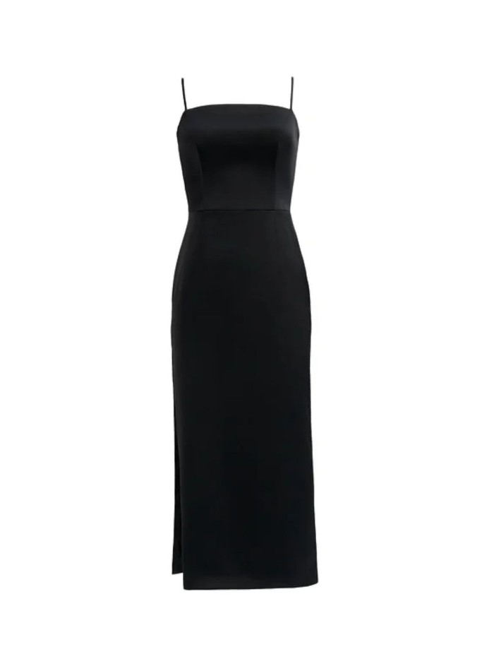 Black midi party dress with spaghetti straps and side slit for office looks