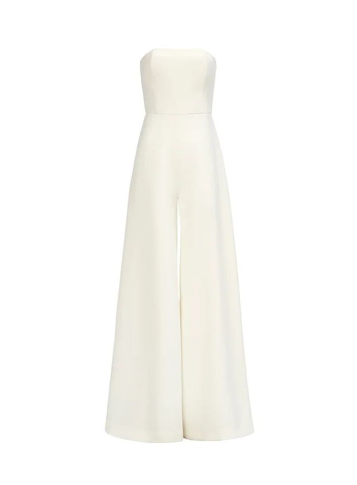 Long party jumpsuit with strapless neckline and palazzo trousers