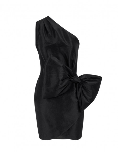Robe courte de soirée avec encolure asymétrique et maxi nœud