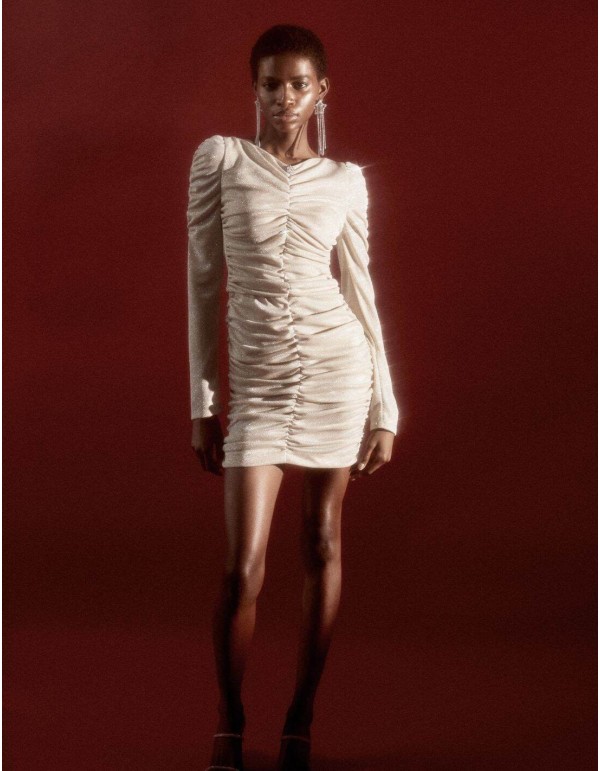 Short draped party dress in shimmering fabric