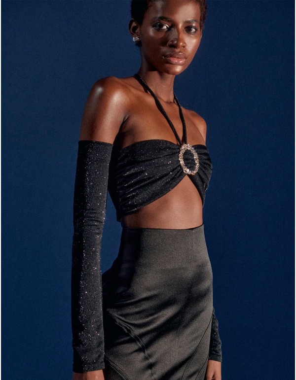 Party crop top with central jewel and removable sleeves