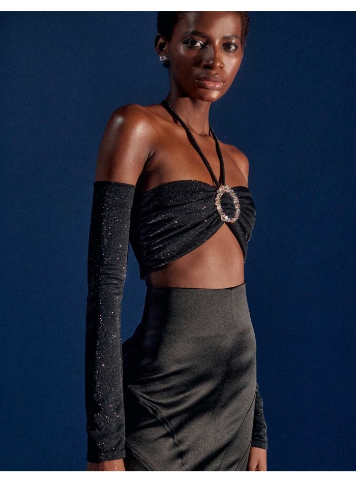 Party crop top with central jewel and removable sleeves