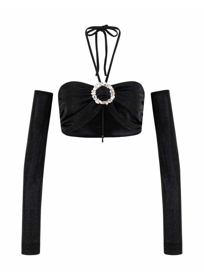Crop top de fiesta con joya central y mangas...