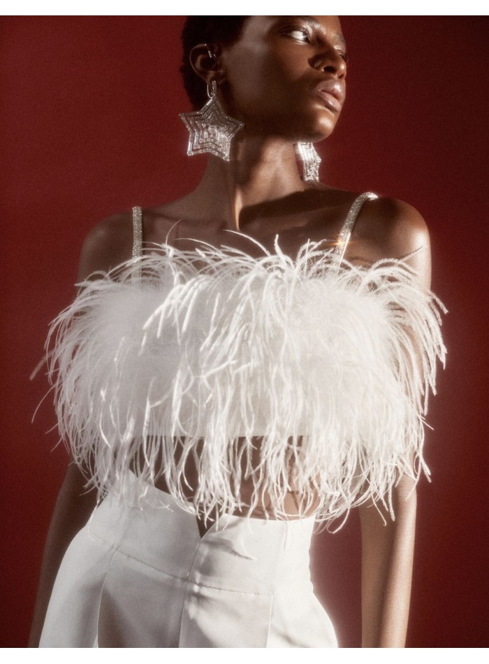 Party top with feathers and rhinestone straps