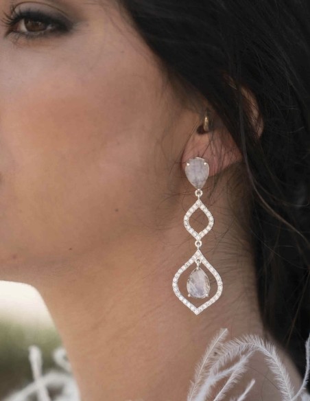 Long party earrings with natural stones and silver plated zircon stones-1