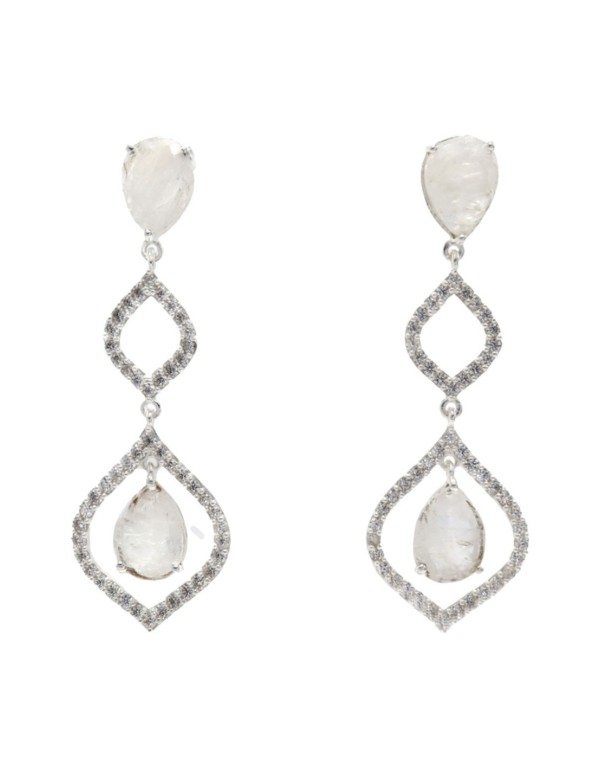 Long party earrings with natural stones and silver plated zircon stones