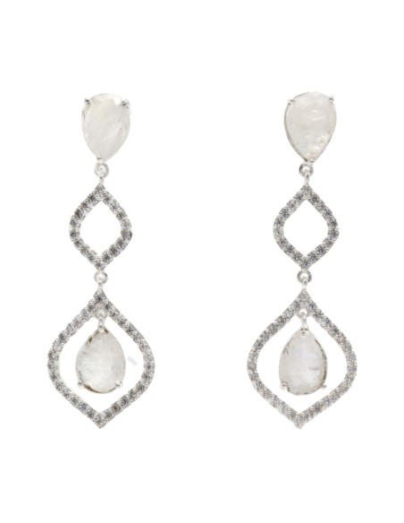 Long party earrings with natural stones and silver plated zircon stones