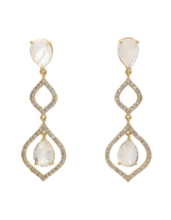 Long party earrings with natural stones and gold plated zirconias