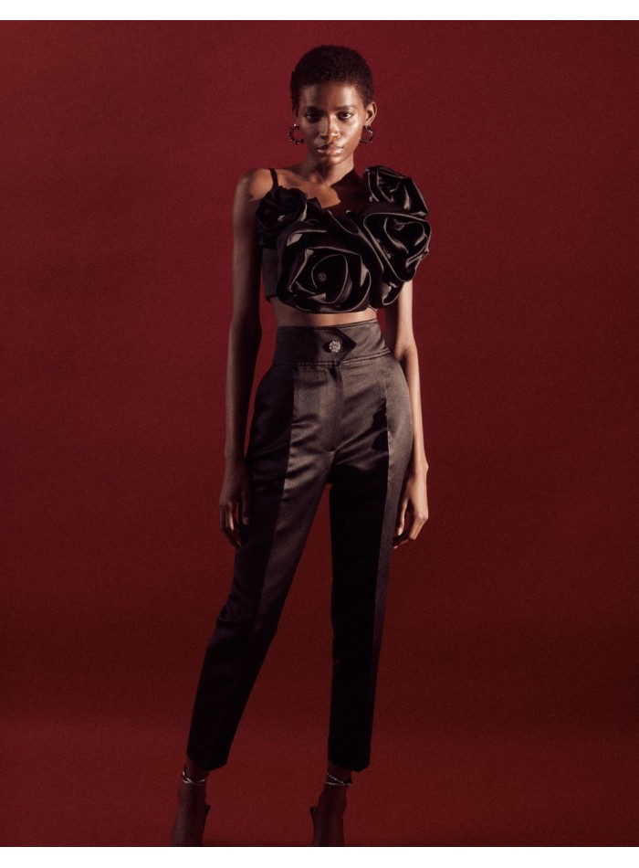 Satin party trousers with jewel button and high waistband