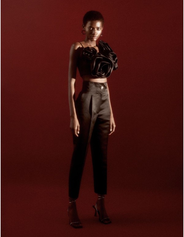 Satin party trousers with jewel button and high waistband 2